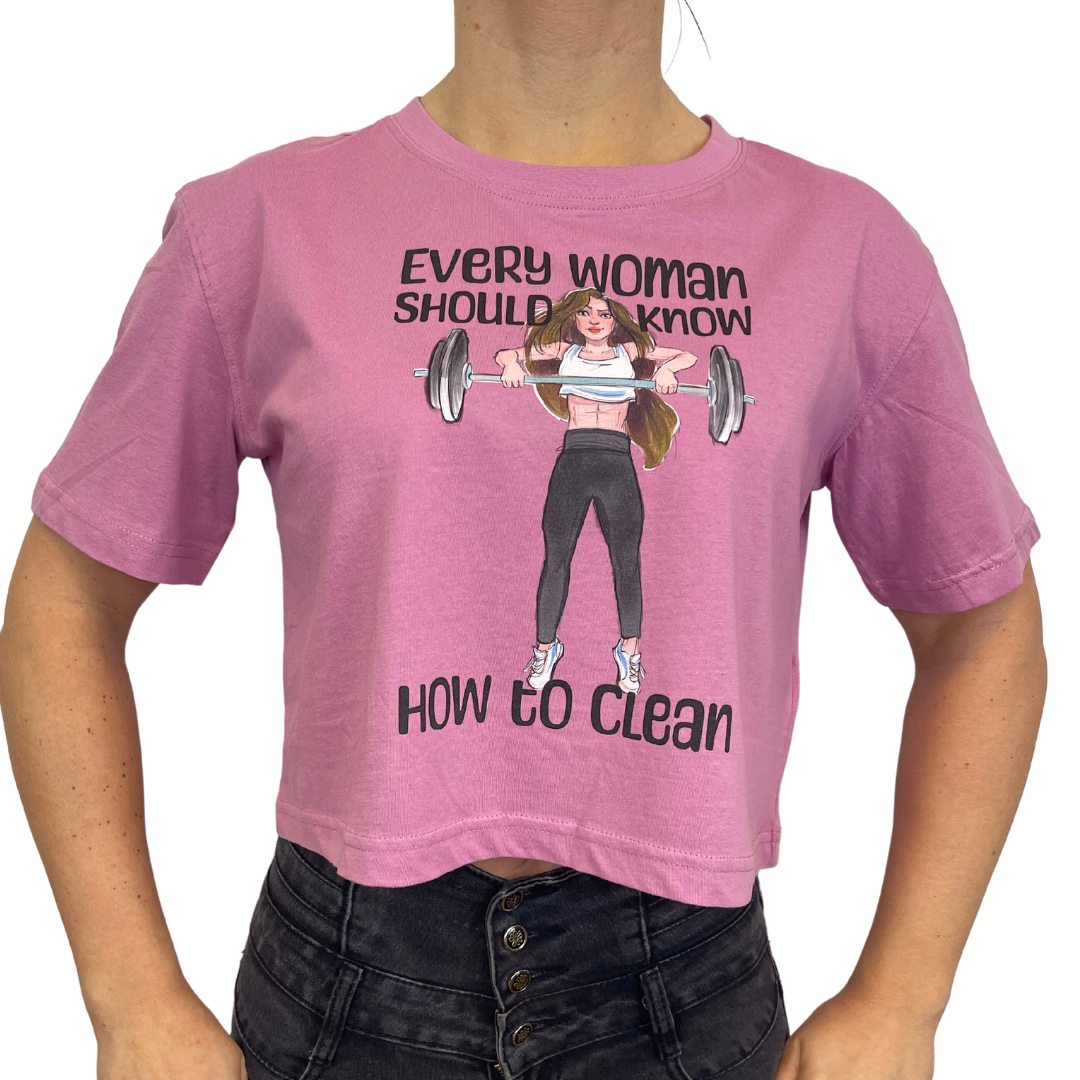 Crop top Flexivel rosa con stampa divertente every woman should know how to clean