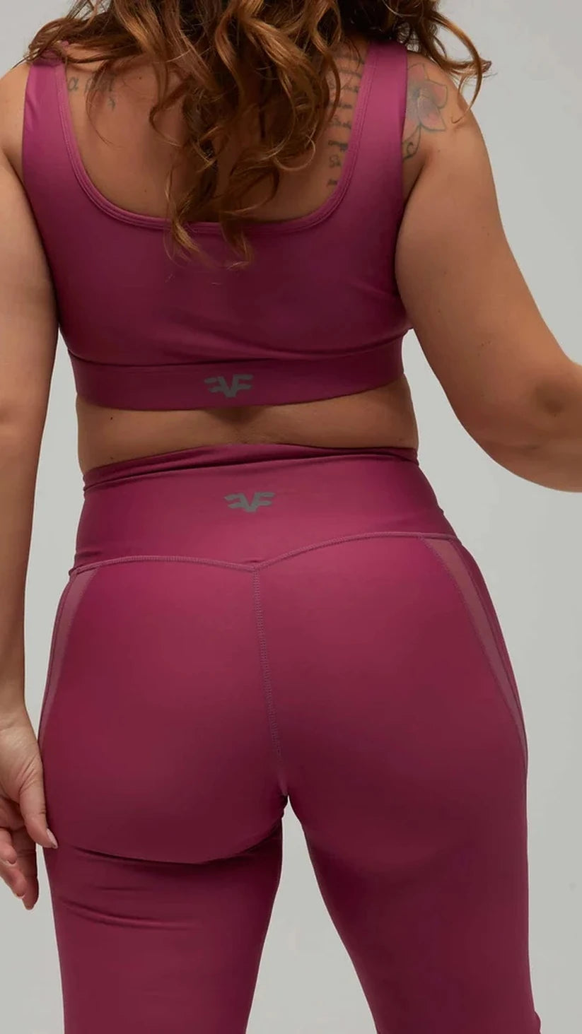 Completo sportivo prugna Flexivel, top e leggings a vita alta con logo, dettaglio posteriore