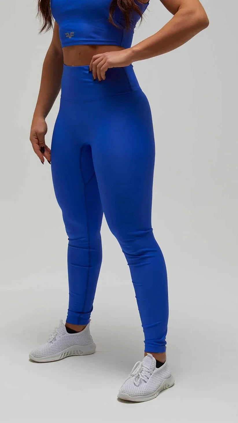 Leggings sportivi blu elettrico Flexivel a vita alta con top abbinato, vista frontale