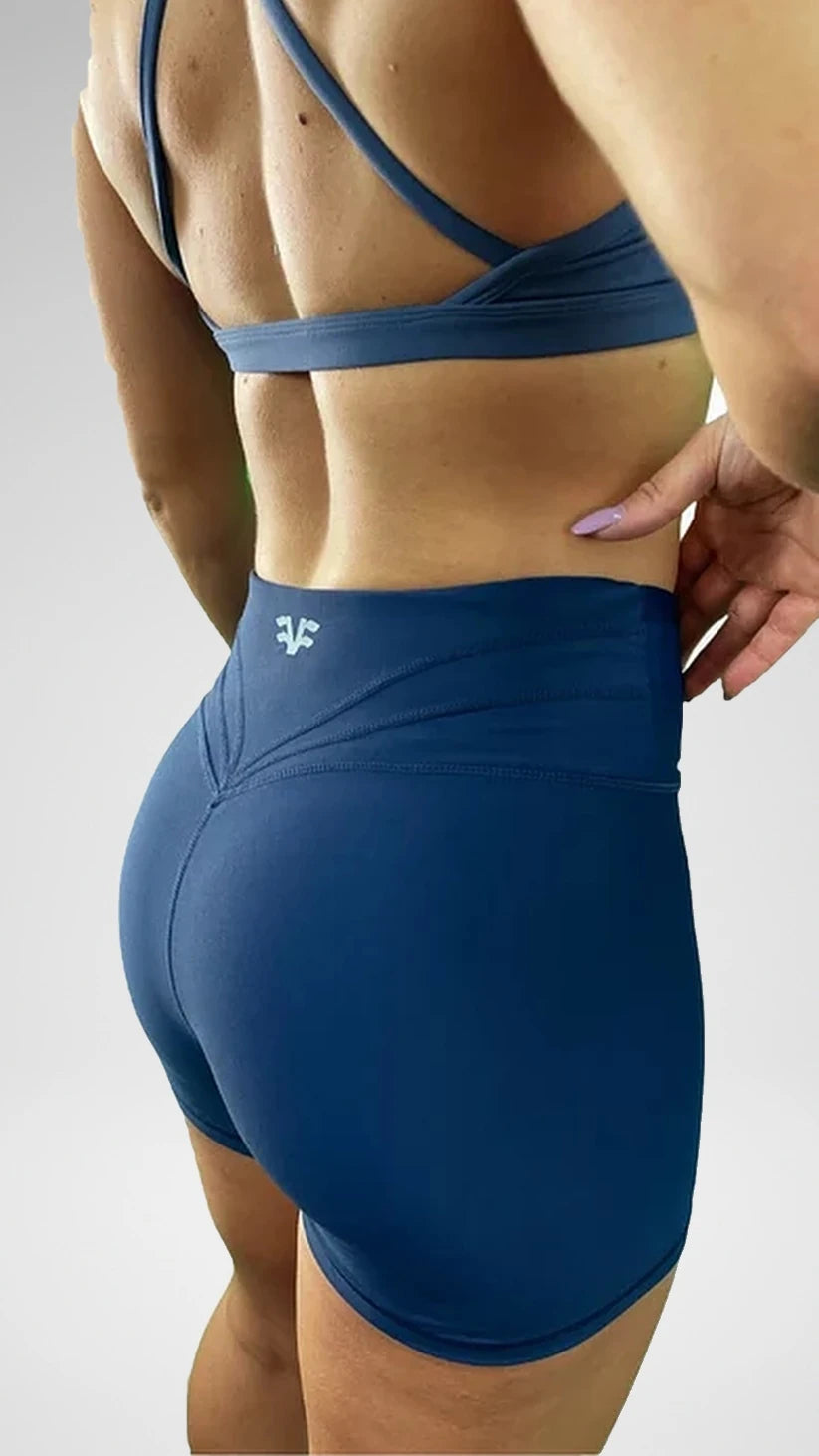 Dettaglio posteriore degli shorts blu navy Flexivel effetto push-up a vita alta