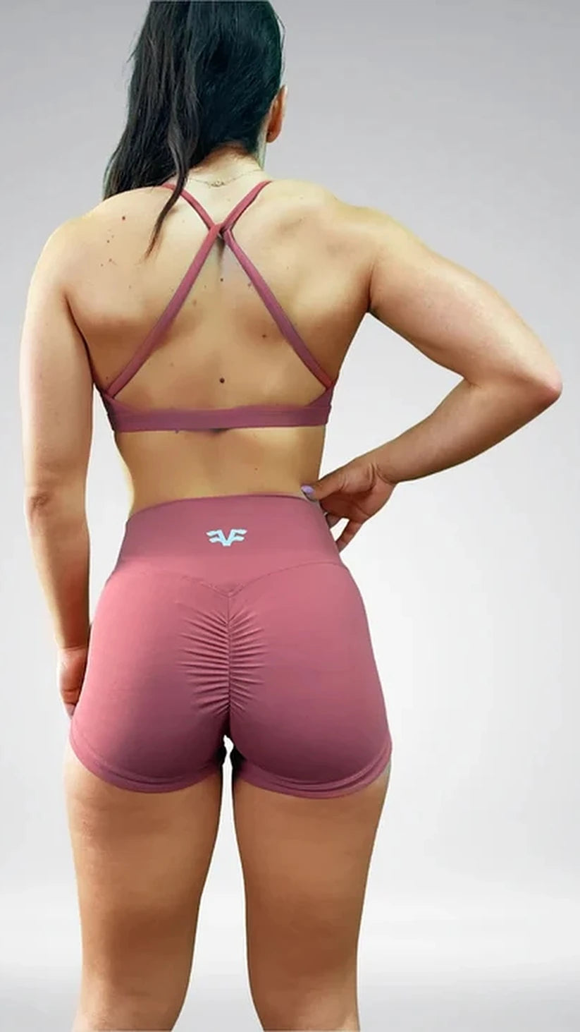 Shorts scrunch rosa antico Flexivel a vita alta con top sportivo incrociato, vista posteriore