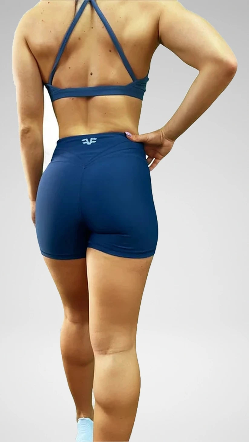 Shorts sportivi blu navy Flexivel a vita alta con logo e top incrociato, vista posteriore