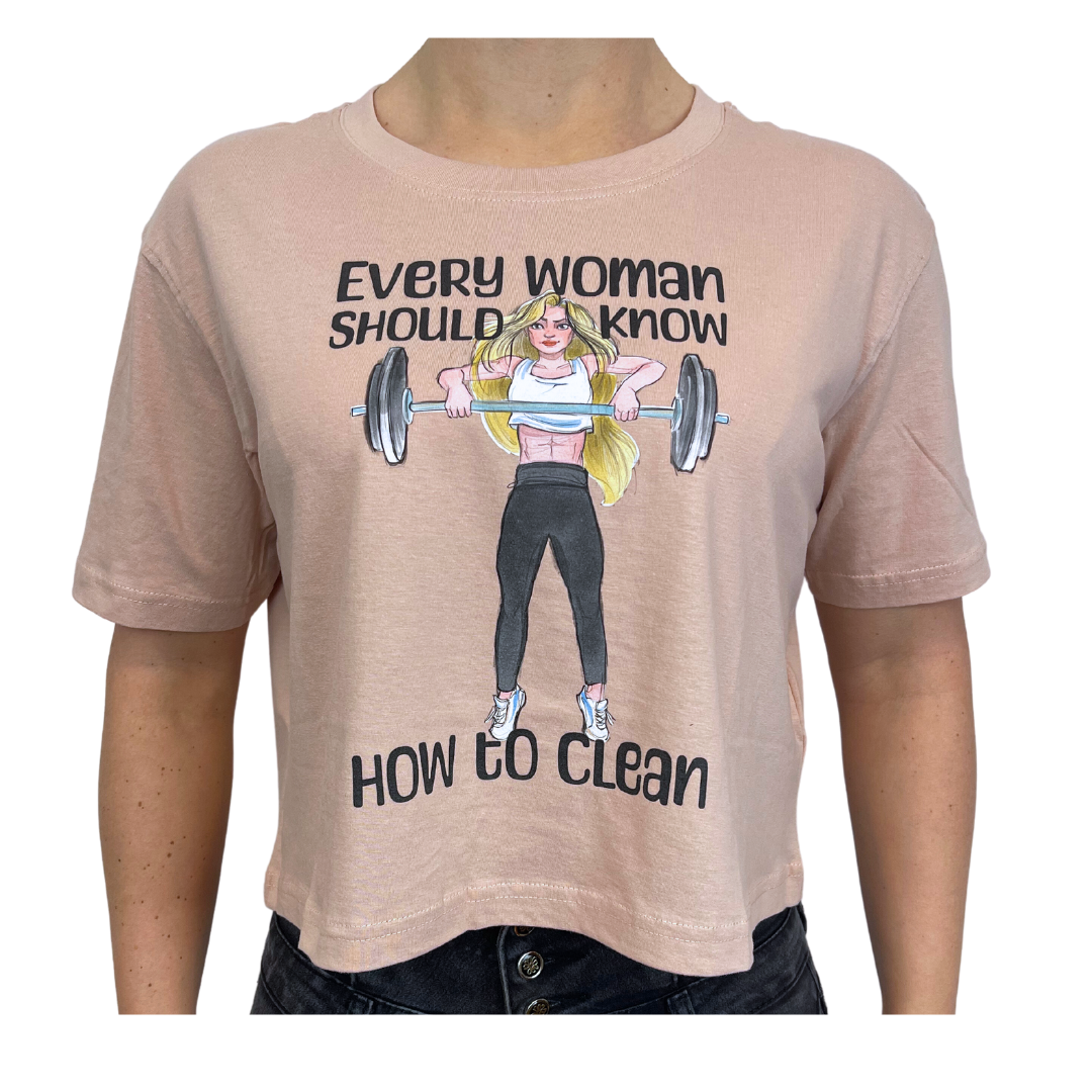 Crop top palestra flexivel oversize con stampa divertente every woman should know how to clean